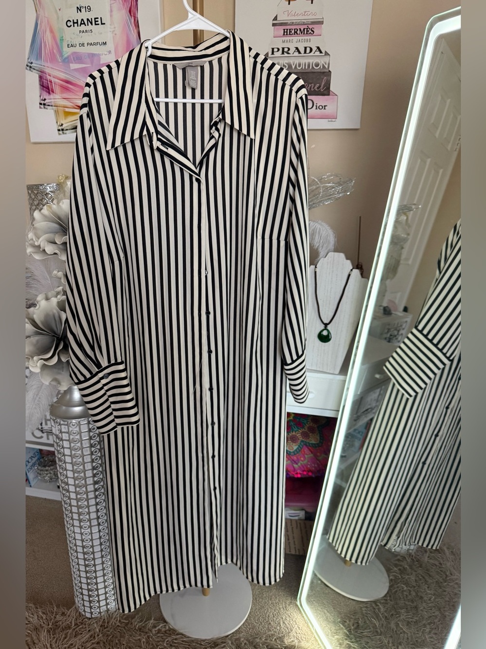 H&M Black and White Striped Midi Shirt Dress